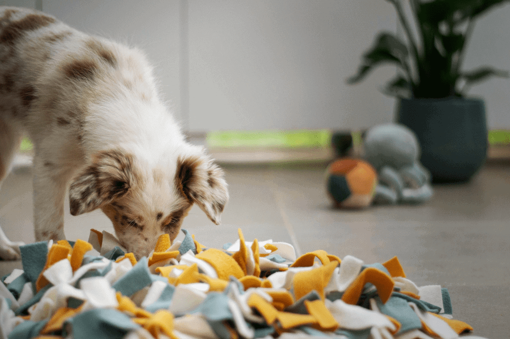 a photo of a dog using a snuffle mat which is an example of enrichment feeding for dogs.