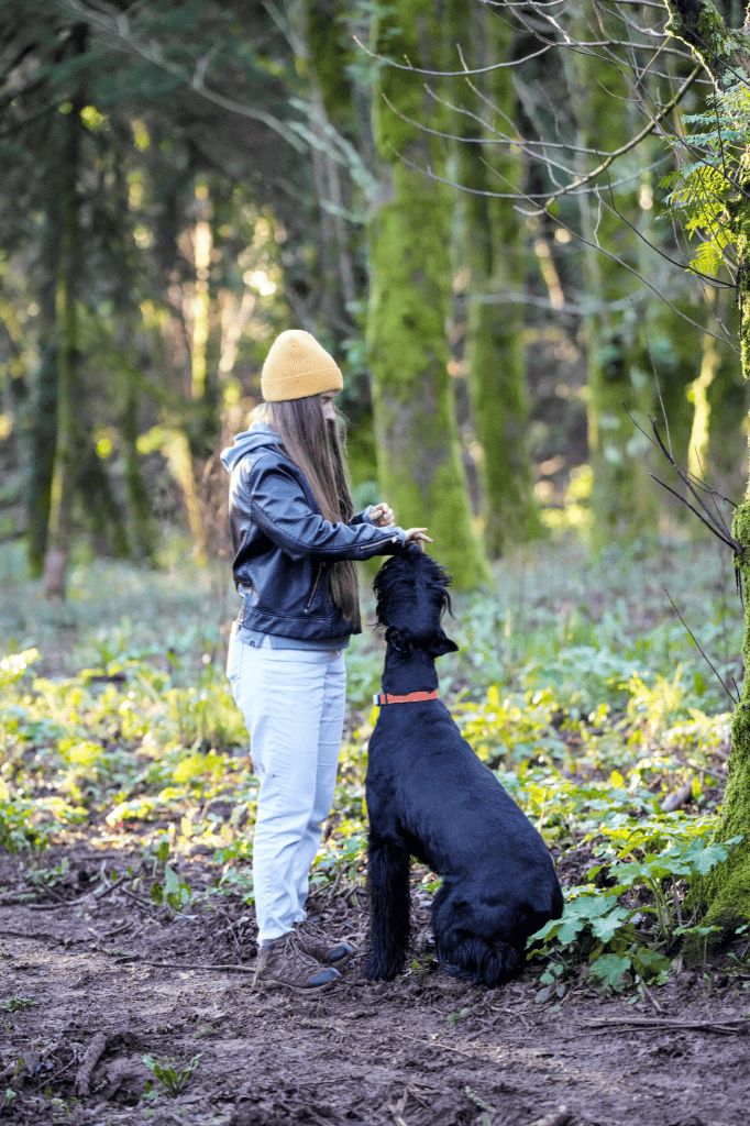 a girl petting her dog